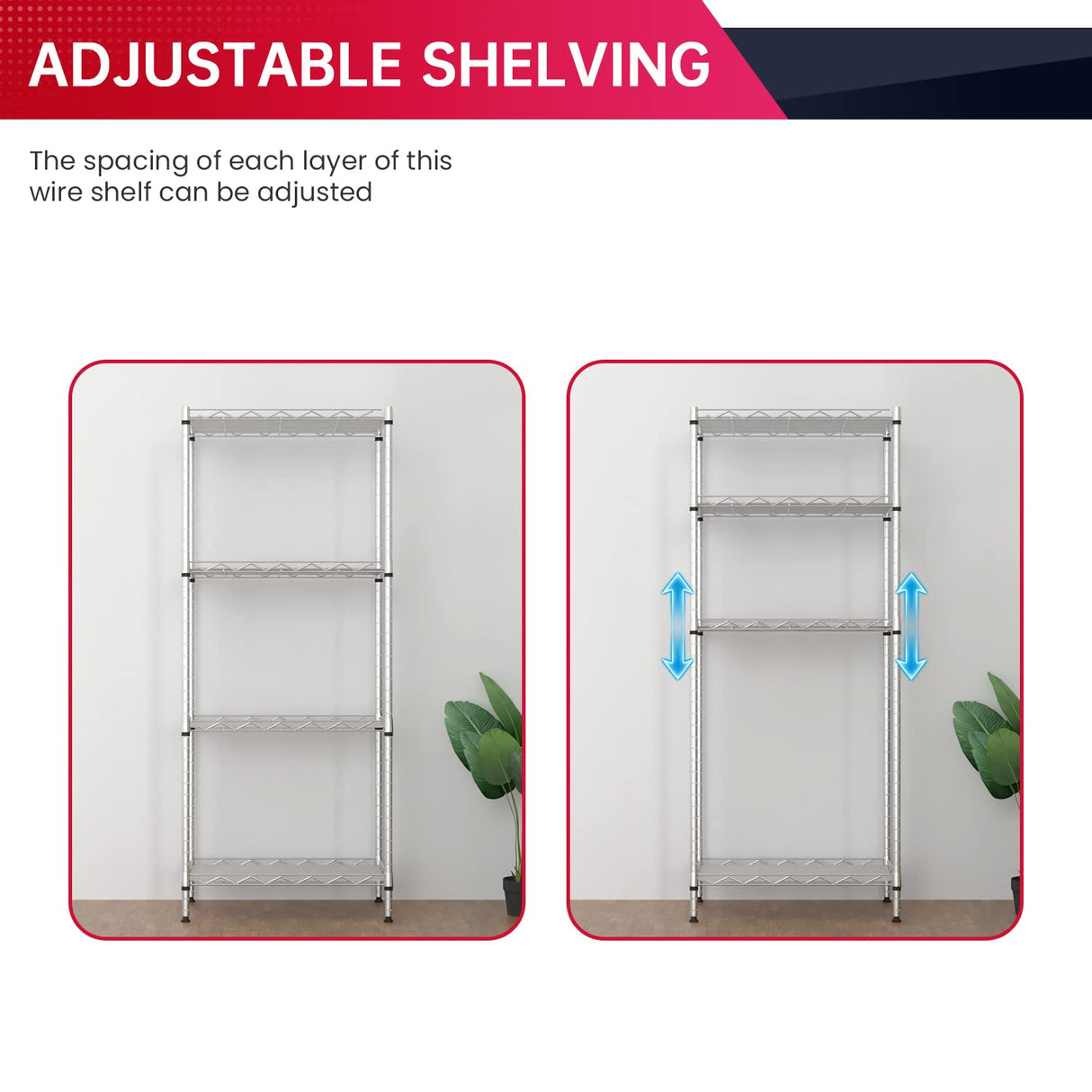 BestOffice 4-Shelf Adjustable Storage Shelving Unit Metal Rack Wire Shelf 600Lbs Capacity with 4 PP Sheets 18L x 12W x 44H for Laundry Bathroom BestOffice