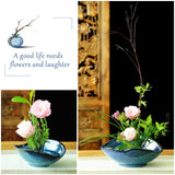 WANDIC Floral Arranging Vase, Blue Irregular Oval Shape Ceramic Ikebana Vases with 3.5cm Mini Round Flower Frog for Ikebana Floral Arrangement Art WANDIC