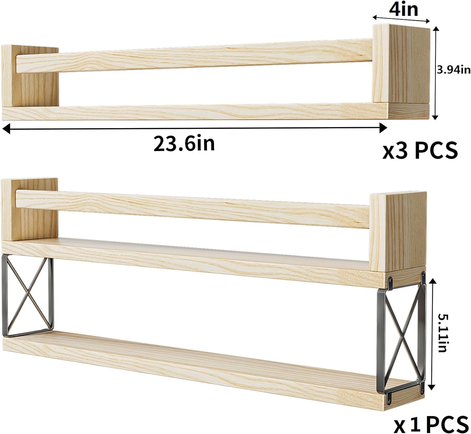 QimCoor 24-Inch Natural Wood Floating Bookshelf Set of 4 for Kids - WoodArtSupply