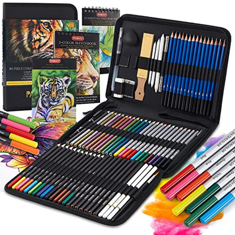 PANDAFLY 80 Pack Drawing Set Sketching Kit, Pro Art Supplies with 3-Color Sketchbook, Watercolor Pad, Colored, Graphite, Charcoal, Metallic Pencil, PANDAFLY