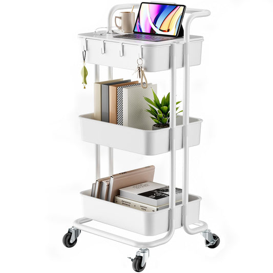 Pipishell 3 Tier Rolling Cart with Table Top, Utility Cart with Wheels & 4 Hooks, Rolling Storage Cart for Home Storage and Organization, White, - WoodArtSupply