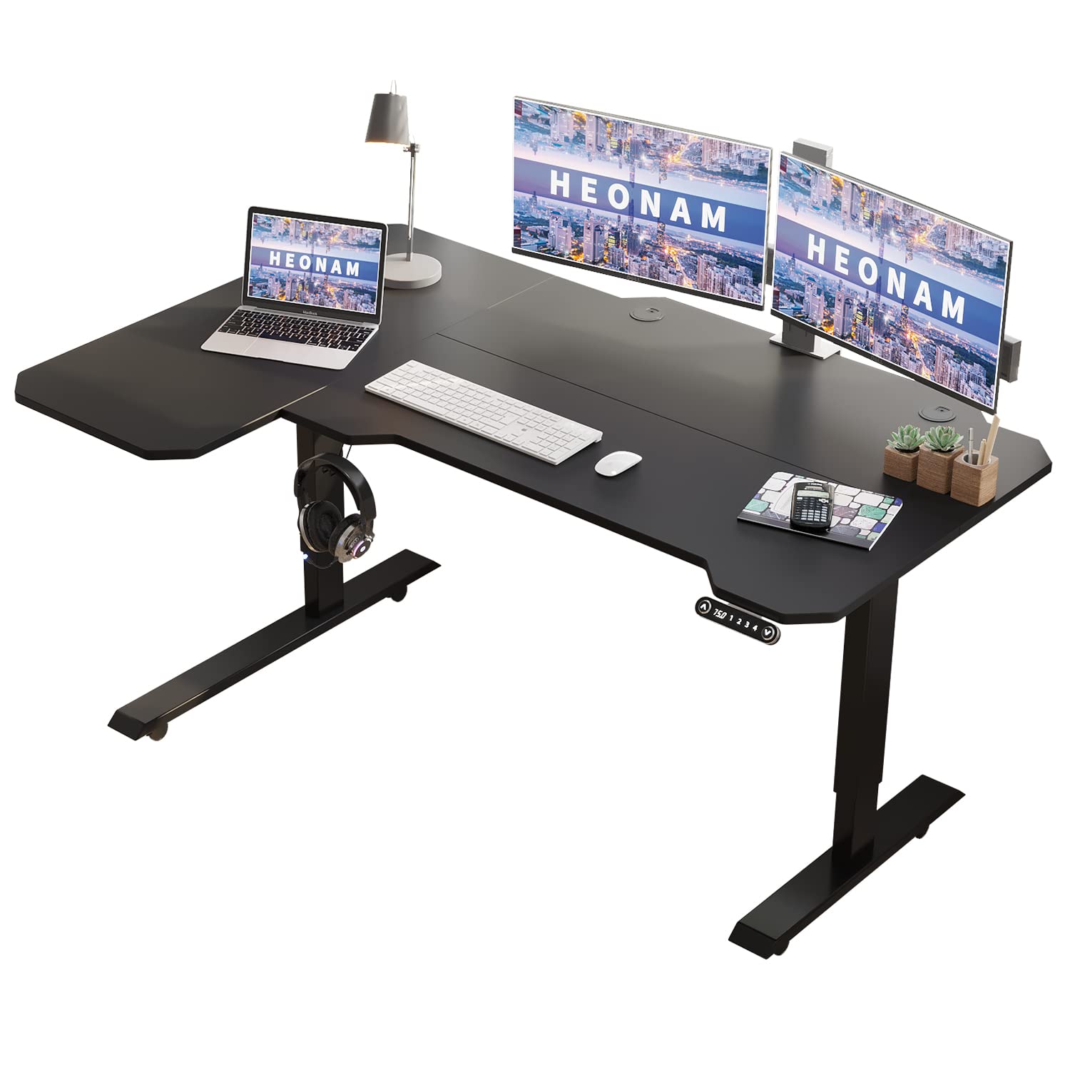 HEONAM 59'' L Shaped Height Adjustable Standing Desk, Electric Stand up Computer Table for Home Office Desk with Black Frame & Top HEONAM