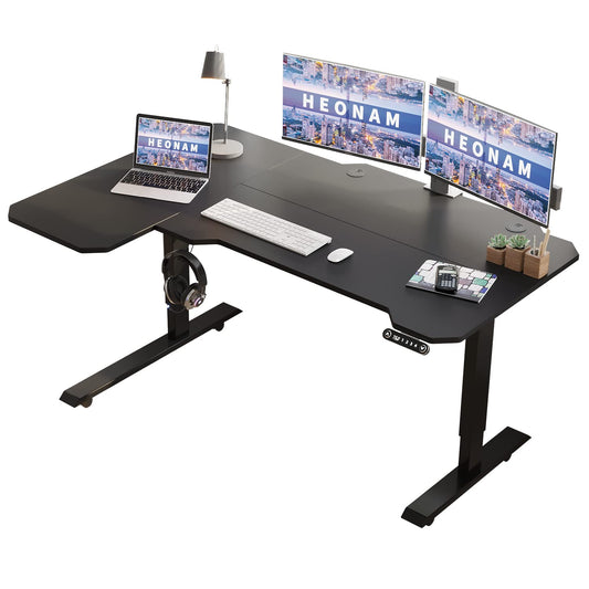 HEONAM 59'' L Shaped Height Adjustable Standing Desk, Electric Stand up Computer Table for Home Office Desk with Black Frame & Top - WoodArtSupply