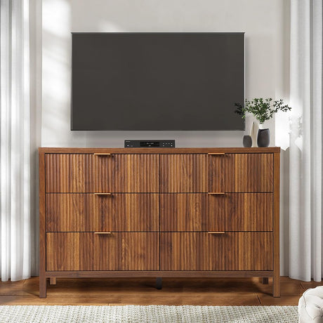 6 Drawer Dresser Cabinet, Long Nightstand with Drawers and Storage Cabinet, Farmhouse Solid Wood Dresser TV Stand, Mid Century Modern Nightstand with affeivul