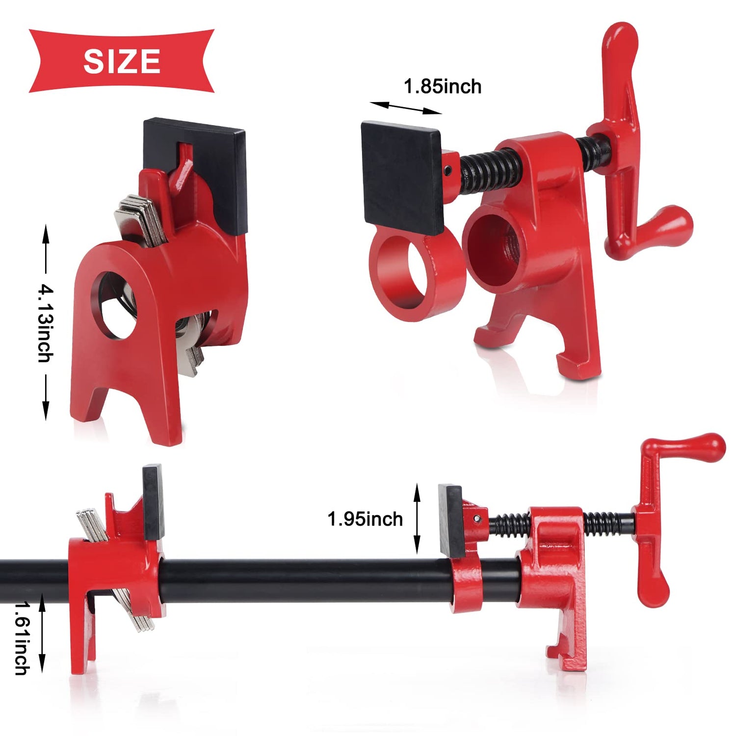 FASTORS Wood Clamps 2-Pack 3/4 Inch Pipe Clamps for Woodworking Heavy Duty with 2 Sets Pads, Install 3/4"Pipes for Use as Bar Clamps Red FASTORS