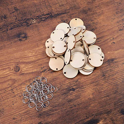BESPORTBLE Family Tree Wall Decor Round Wooden Slices, 50Pcs Wooden Circles Wooden Round Tags with Holes and 12 mm Rings - DIY Calendar Accessories
