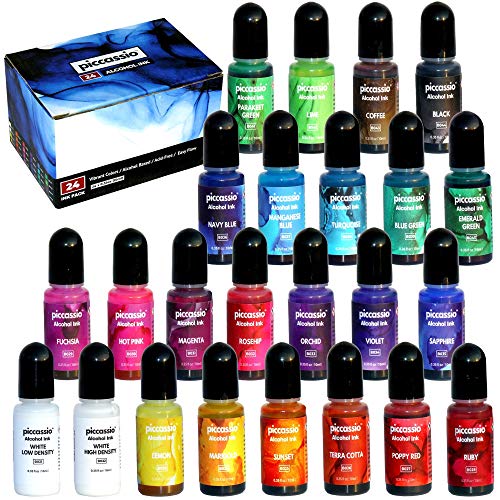 Alcohol Ink Set - 24 Highly Saturated Alcohol Inks - Fast-Drying and Permanent Inks - Versatile Alcohol Ink for Epoxy Resin, Tumblers, Fluid Art - WoodArtSupply