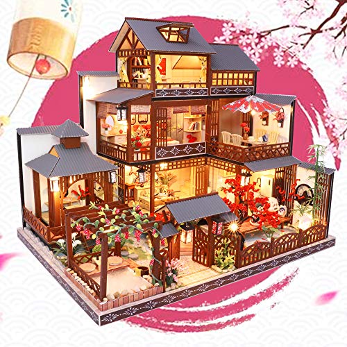 Spilay DIY Dollhouse Miniature with Wooden Furniture,DIY Dollhouse Kit Big Japanese Courtyard Model with LED & Music Box,1:24 Scale Creative Room