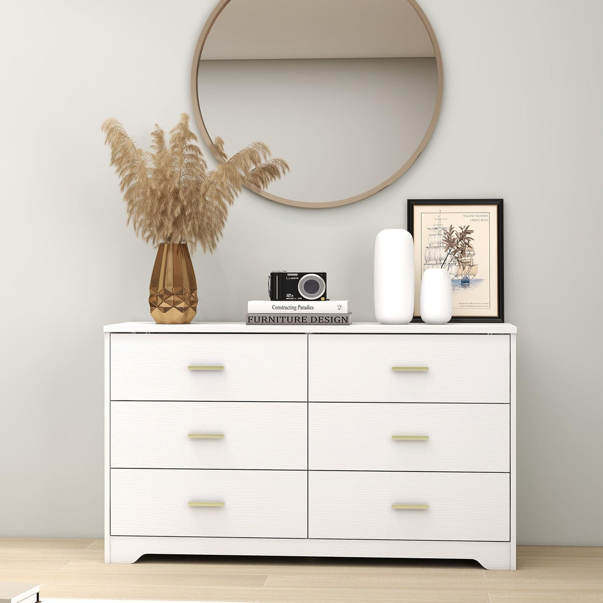 Modern 6 Drawer Wood Dresser, Wood Lateral Chest of Drawers Storage Organizer with Wide Drawers & Metal Gold Handles for Bedroom, Living Room, Panana