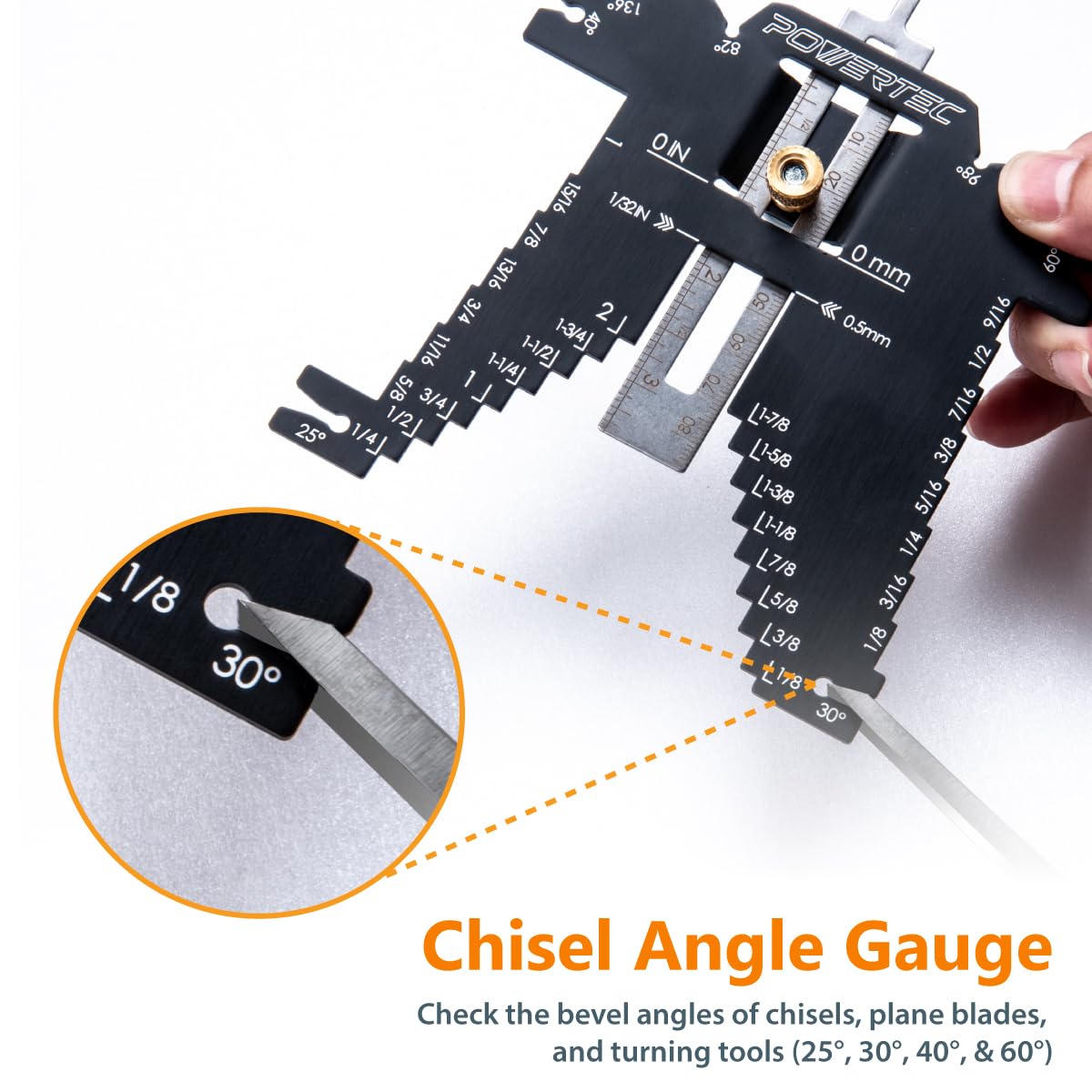 POWERTEC 80023 Universal 5-in-1 Measuring Gauge Woodworking Tool - Drill Point, Chisel Angle, Height, Bit and Depth Gauge for Table Saw Router - WoodArtSupply