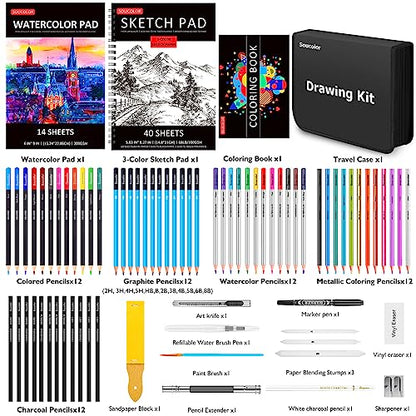 Soucolor Art Kit, 76 Pack Pro Art Supplies for Adults Kids, Drawing Supplies Sketching Art Set with 3-Color Sketch Book, Watercolor Pad, Coloring
