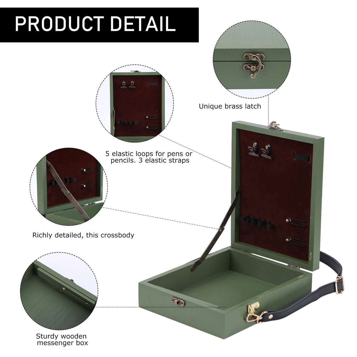 Writers Messenger Wood Box, Retro Wooden Handmade Portable Crossbody Postman Bag, Multi-Function Artist Tool and Brush Storage Box (Green) SHUWND