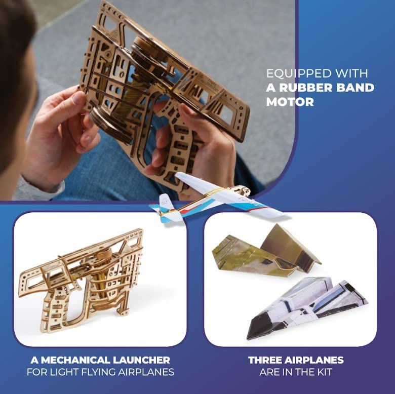 UGEARS Flight Starter Paper Airplane Portable Hand Catapult Mechanical Wooden 3D Model UGEARS
