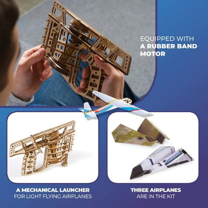 UGEARS Flight Starter Paper Airplane Portable Hand Catapult Mechanical Wooden 3D Model