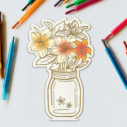 PH PandaHall Greeting Card Wooden Flower Bouquet Card Lily Card for Mom Mason Jar Bouquet Card with Stand Unfinished Card for Valentines Day Mother's - WoodArtSupply