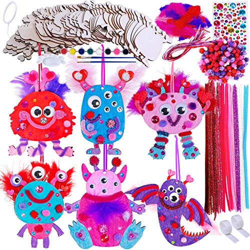 36 Sets Valentine's Day Craft Kits DIY Valentine Monster Wood Ornaments Decorations Art Sets Assorted Paintable Unfinished Wood Monster Cutouts - WoodArtSupply