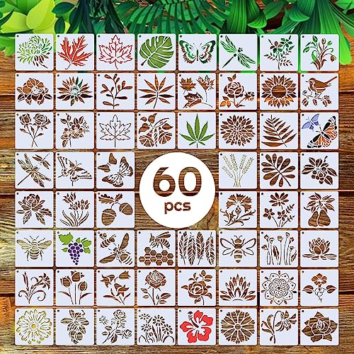 Stencils for Painting, 60pcs 3 Inch Reusable Samll Stencils for Crafts on Fabric Wood Wall Rock and Other Home Decor, Flower Stencils & Other Plant Felixcraft