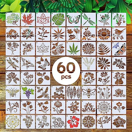 Stencils for Painting, 60pcs 3 Inch Reusable Samll Stencils for Crafts on Fabric Wood Wall Rock and Other Home Decor, Flower Stencils & Other Plant Felixcraft