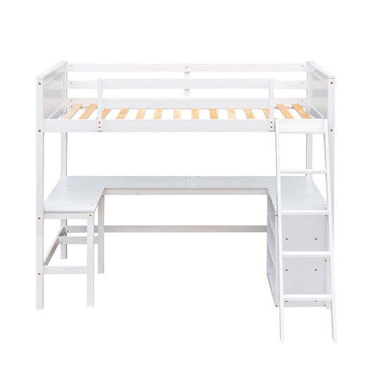 Harper & Bright Designs Twin Loft Bed with Desk and Storage Shelves in White - WoodArtSupply