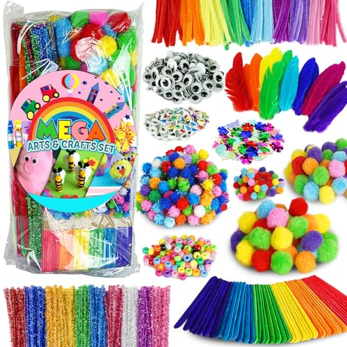 FUNZBO Arts and Crafts Supplies for Kids - 1200+ pcs Craft Supplies, Christmas Gifts for Kids, Craft Kits with Pipe Cleaners, Pom Poms for Crafts & FUNZBO
