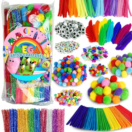 FUNZBO Arts and Crafts Supplies for Kids - 1200+ pcs Craft Supplies, Christmas Gifts for Kids, Craft Kits with Pipe Cleaners, Pom Poms for Crafts & - WoodArtSupply