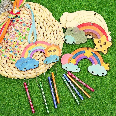 TREACLUB 12 Pack DIY Wind Chime Kits for Kids, Make Your Own Rainow Wind Chime DIY Coloring Star Moon Sun Make A Wind Chime Kits Wooden Arts and TREACLUB
