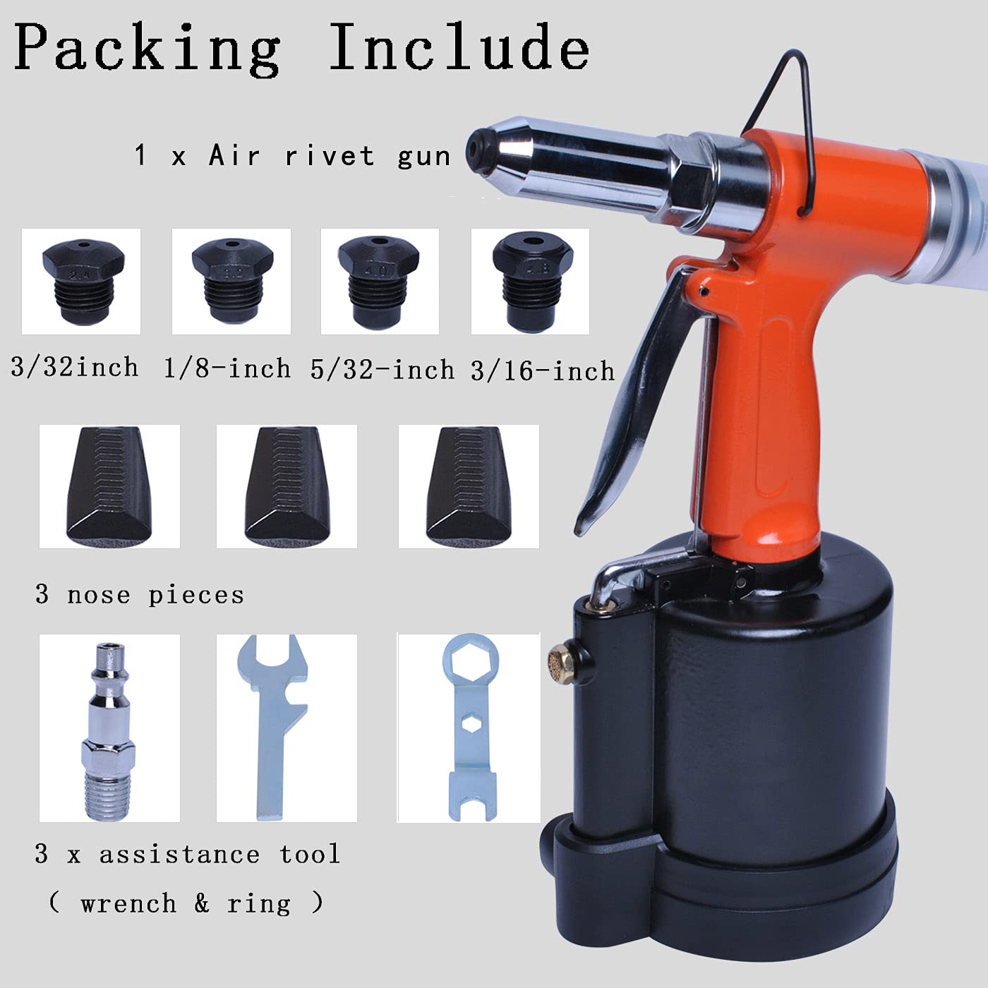 Wadoy Pneumatic Air Riveter Pop Rivet Gun Tool Kit, with 1/4" 3/16" 5/32" 1/8" and 3/32" Nose Pieces, Heavy Duty Air Hydraulic Rivet Gun - WoodArtSupply