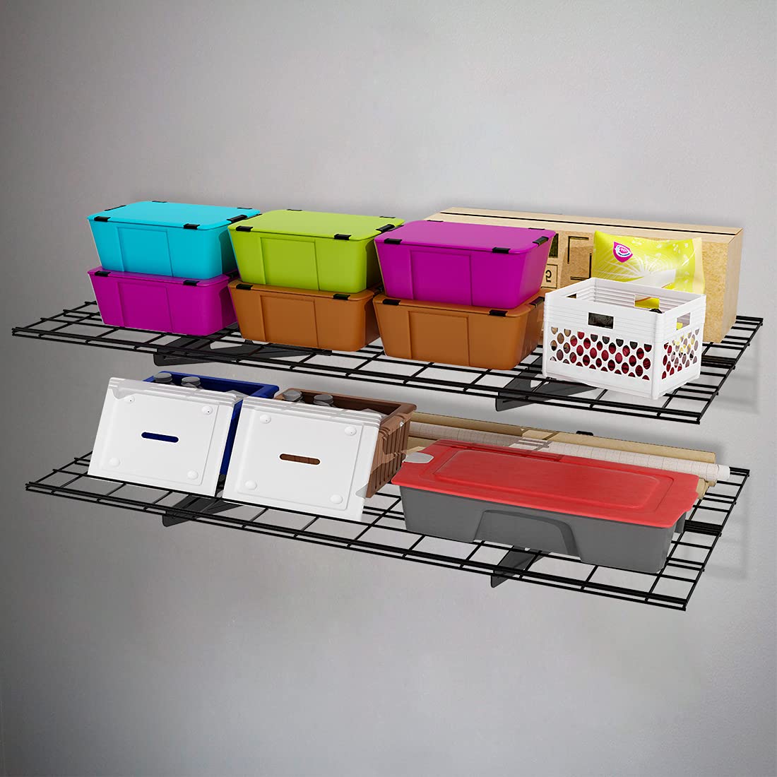 FLEXIMOUNTS 2 tier 2-Pack 2x4ft 24-inch-by-48-inch Wall Shelf Garage Storage Rack Wall Mounted Floating Shelves, Black FLEXIMOUNTS