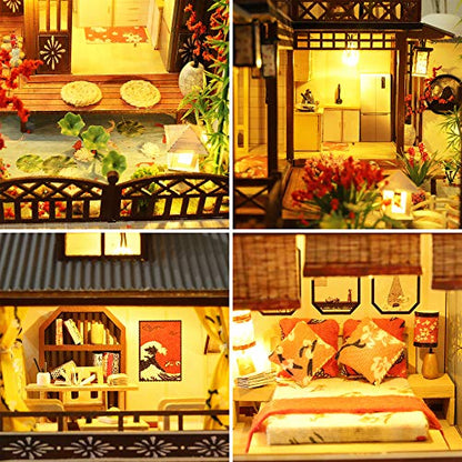 Spilay DIY Dollhouse Miniature with Wooden Furniture,DIY Dollhouse Kit Big Japanese Courtyard Model with LED & Music Box,1:24 Scale Creative Room