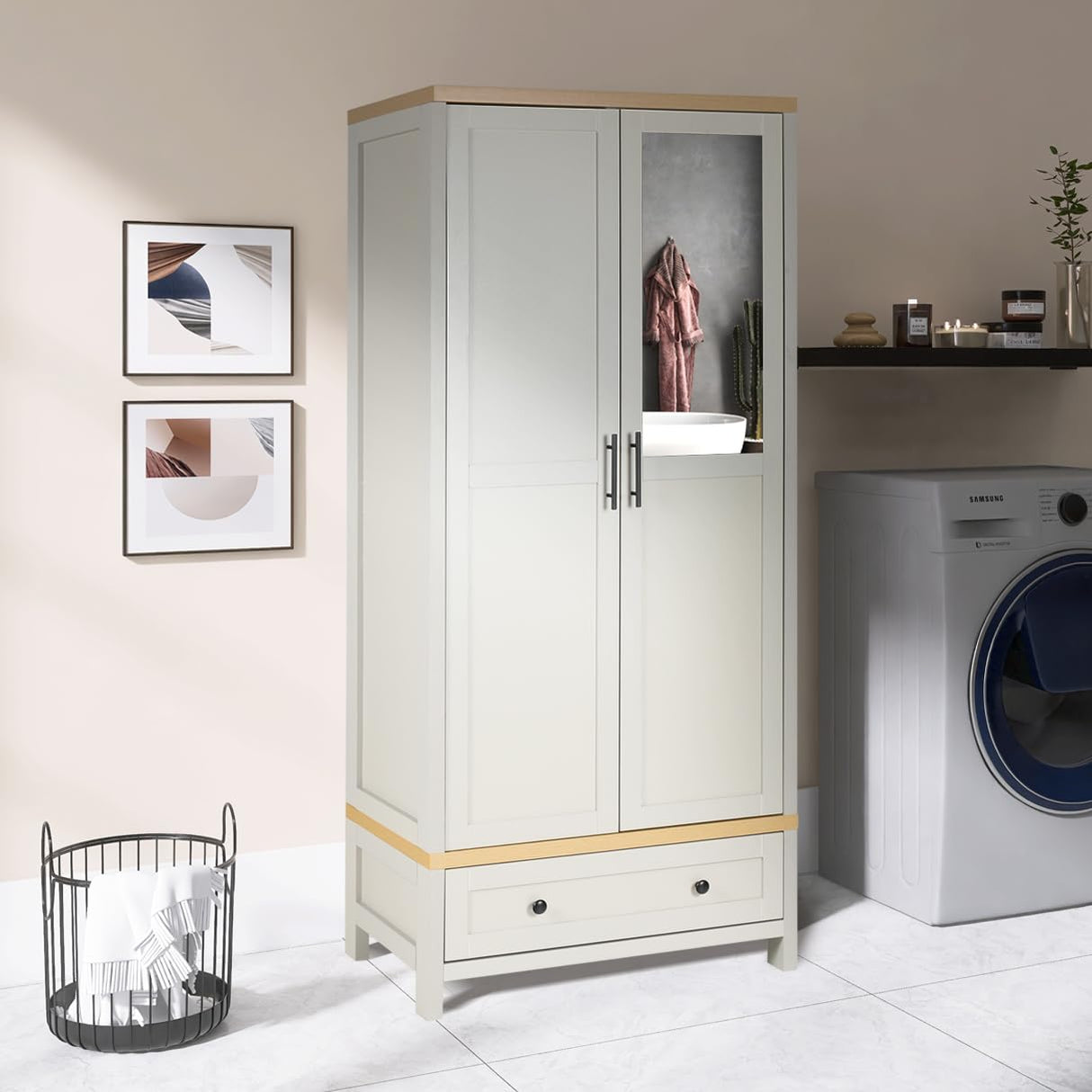 YIGOBUY Armoire Wardrobe Closet for Bedroom, 2 Doors Storage Cabinet with Drawer, Mirror, Shelves, Hanging, Tall Wood Standing Clothes Organizer YIGOBUY