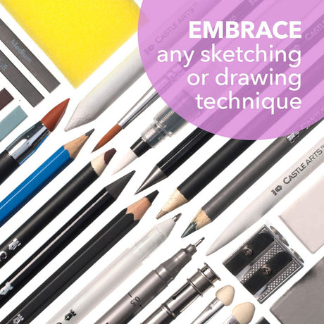 Castle Art Supplies 100 Piece Drawing & Sketching Set | Graphite, Charcoal, Pastel, Metallic & Water Soluble Pencils + Sticks, Fineliners | For Castle Art Supplies
