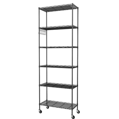 Homdox 6-Tier Storage Shelf Wire Shelving Unit Free Standing Rack Organization with Caster Wheels, Stainless Side Hooks, Black - WoodArtSupply