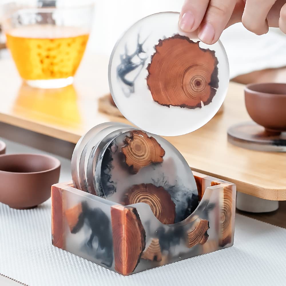 DIYOMR Set of 6 Wood Coasters with Holder, Resin Epoxy Coaster for Drinks, Cool Coaster Art for Home Office Coffee Bar Table Protection Decor (6 DIYOMR