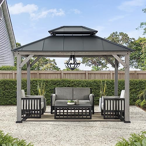 Sunjoy 10 x 12 ft. Wood Gazebo, Outdoor Patio Steel Hardtop Gazebo, Cedar Framed Wooden Gazebo with 2-Tier Metal Roof, Suitable for Patios, Lawn and Sunjoy