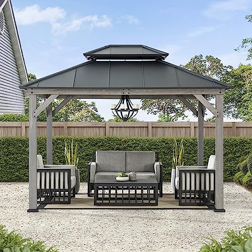 Sunjoy 10 x 12 ft. Wood Gazebo, Outdoor Patio Steel Hardtop Gazebo, Cedar Framed Wooden Gazebo with 2-Tier Metal Roof, Suitable for Patios, Lawn and