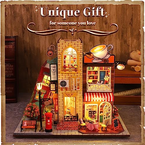DIY Miniature Dollhouse Kit, Book Nook Kit Tiny House Model with LED Music Box, 3D Wooden Puzzle for Adults, Self-Assembly Bookend Building Set Hallisun