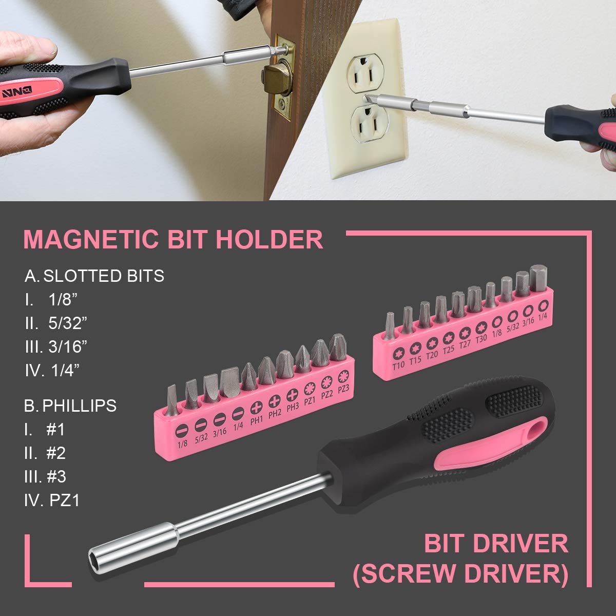 DNA MOTORING 39-Piece Household Tool Set General Repair Small Hand Tool Kit Storage Case for Home Garage Office College Dormitory Use, Pink, DNA MOTORING