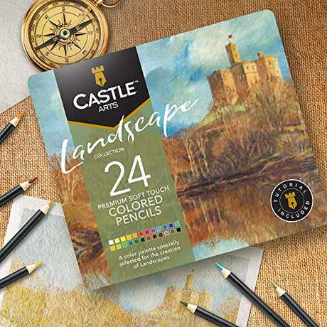 Castle Arts Themed 24 Colored Pencil Set in Tin Box, perfect colors for ‘Landscapes’. Featuring quality, smooth colored cores, superior blending & Castle Art Supplies