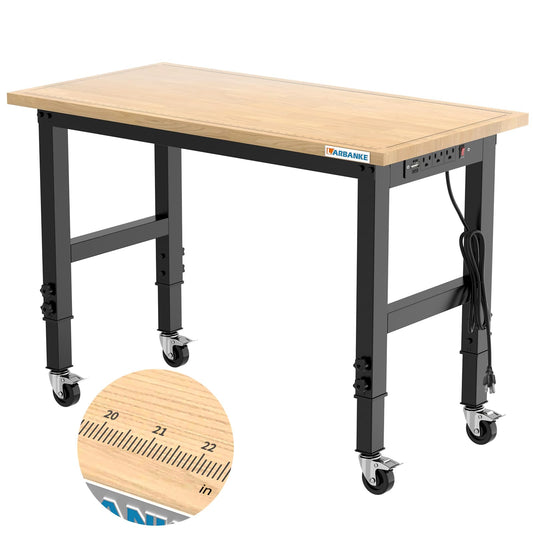 LARBANKE 48" Heavy-Duty Garage Workbench,Rubber Wood Workbench has Adjustable 5 Different Heights,Hardwood Worktable Weight Capacity Over 2000 - WoodArtSupply