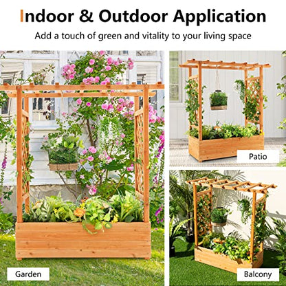 S AFSTAR Raised Garden Bed with Arch Trellis, Wood Planter Box with Hanging Roof, Side Trellis, 4 Drainage Holes, Above Ground Elevated Garden Bed - WoodArtSupply