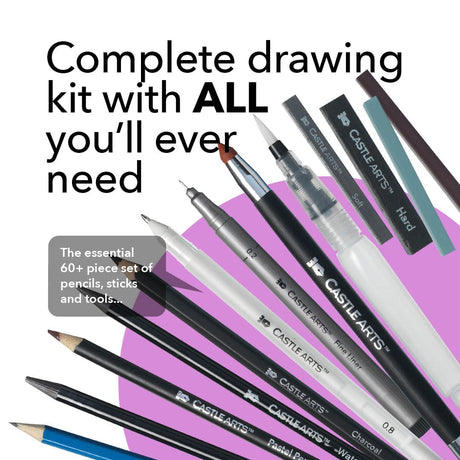 Castle Art Supplies 60 Piece Drawing & Sketching Set | Quality Graphite, Charcoal, Pastel, Water Soluble Pencils + Sticks, Fineliners | For Castle Art Supplies