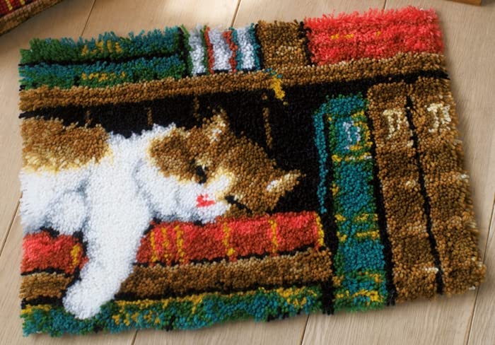 Cat on Bookshelf Latch Hook Rug Kits for Adults and Starter DIY Cross Stitch Latch Hook Rug Sofa Seat Cushion Crocheting Kits with Preprinted Pattern WoodArtSupply