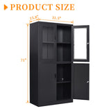 Anxxsu Black Metal Storage Cabinet with Glass Doors, 71" Locking Glass Door Cabinet with 2 Adjustable Shelves, Steel Storage Cabinet with 4 Doors for Anxxsu