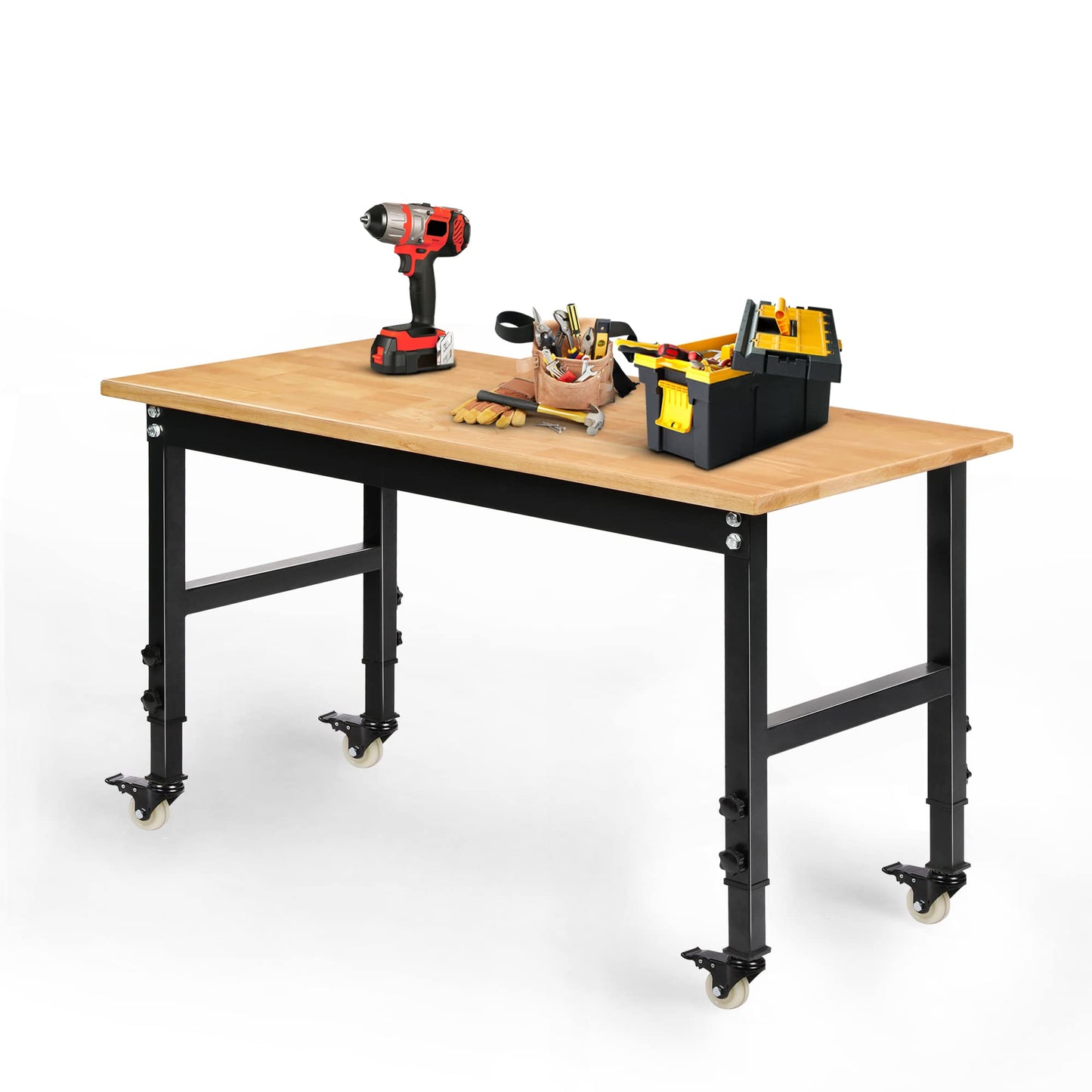 Betterhood 48" Heavy-Duty Adjustable Workbench for Garage, Rubber Wood Shop Table W/Metal Wheels, Hardwood Workstation Weight Capacity Over 2000 Lbs - WoodArtSupply