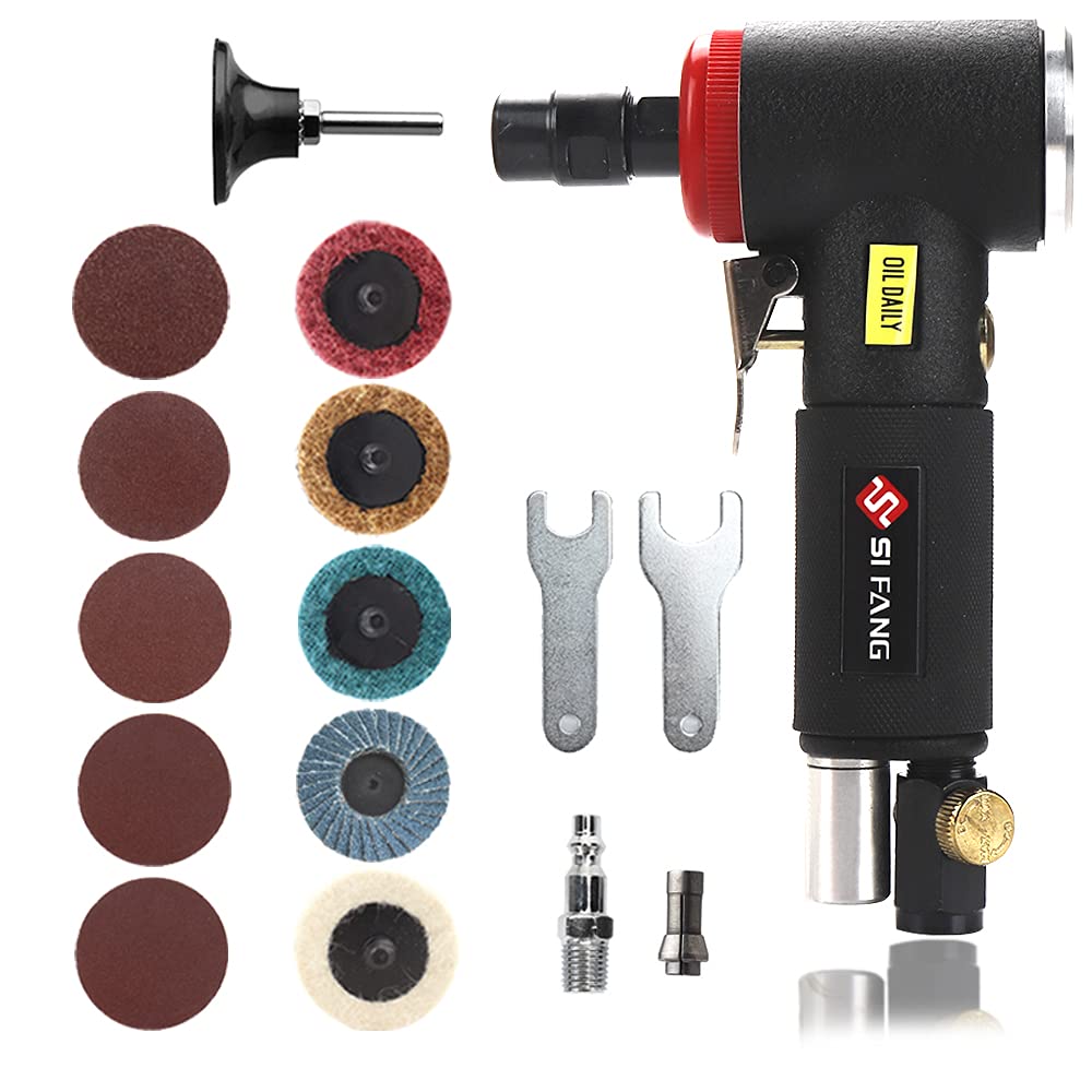 SI FANG 16Pcs Air Die Grinder Kit, Right Angle Die Grinder with 1/4" 1/8" Collets and 2" Quick Change Roll Lock Sanding Discs Accessories Set, SI FANG