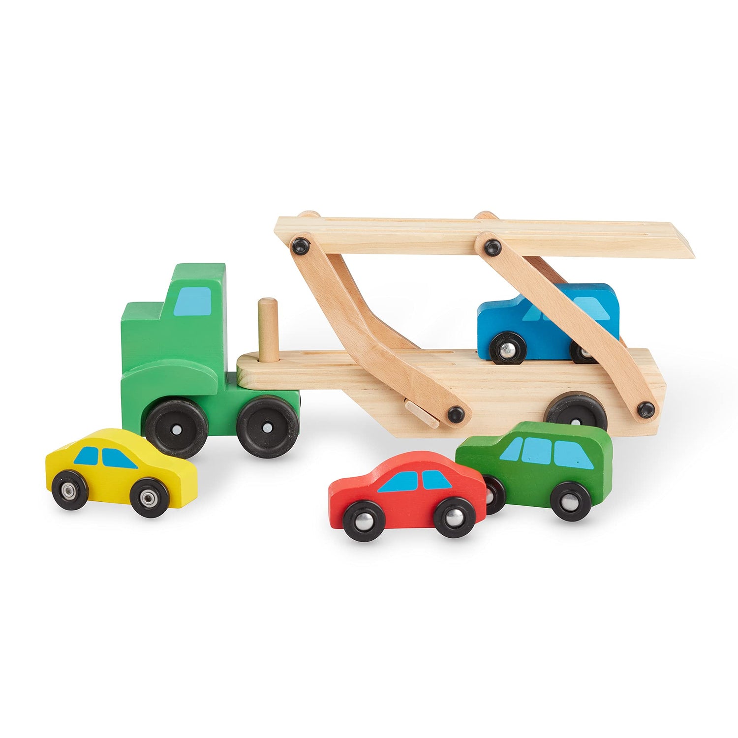 Melissa & Doug Car Carrier Truck and Cars Wooden Toy Set With 1 Truck and 4 Cars - Vehicle Toys, Push And Go Wooden Trucks For Toddlers And Kids Ages Melissa & Doug