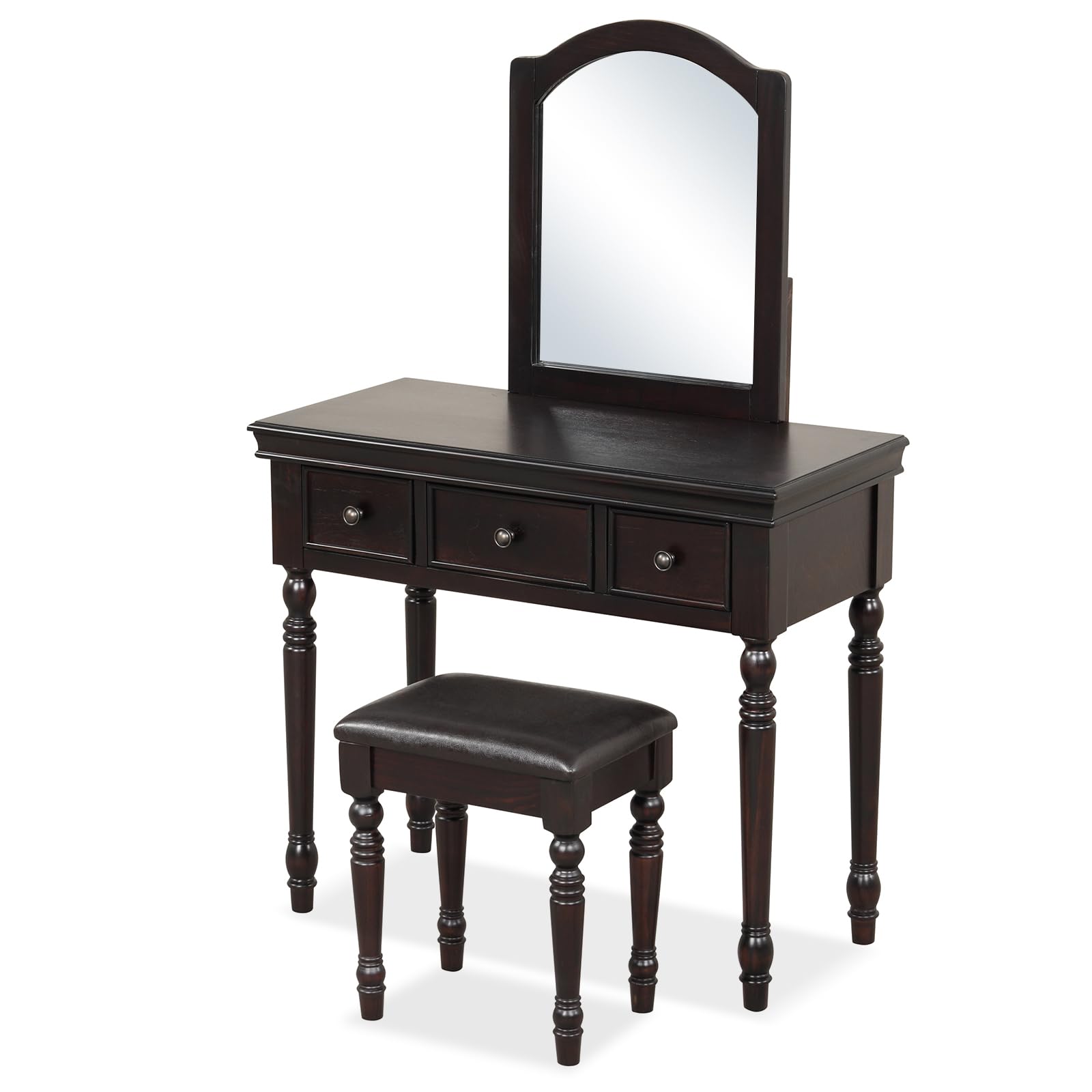 CHARMAID Makeup Vanity Desk with Mirror and Stool, 34'' Wide Vanity Table Set with Large Mirror, 3 Drawers, Cushioned Stool, Solid Wood Legs, Bedroom - WoodArtSupply