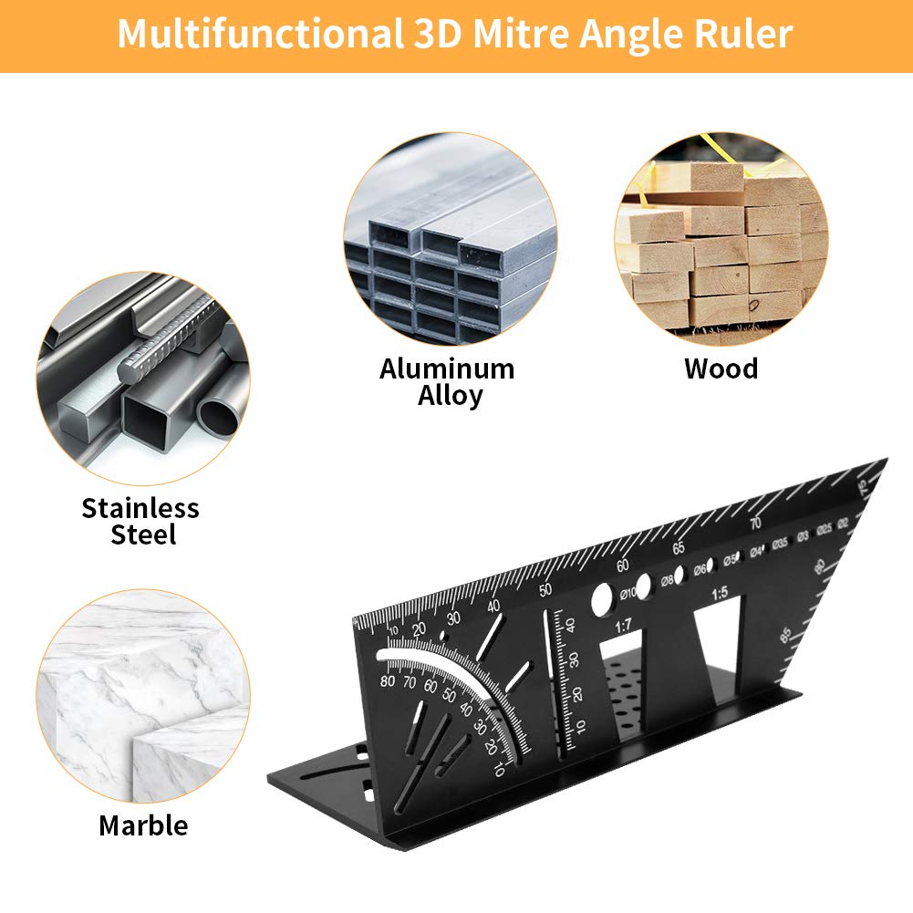 Aluminum Alloy Woodworking Square Size Measure Ruler, welltop 3D Mitre Angle Measuring Tool, Multifunctional 45/90 Degree Angle T Ruler Gauge, for - WoodArtSupply