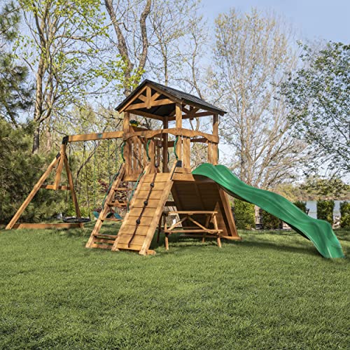 Backyard Discovery Endeavor II All Cedar Wood Swing Set Playset for Backyard with Wave Slide Climbing Wall with Rope Picnic Table Double Wide Rock Backyard Discovery