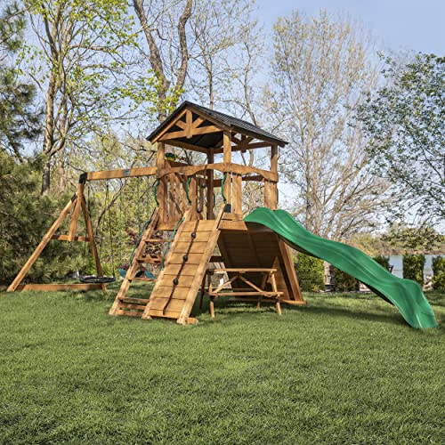 Backyard Discovery Endeavor II All Cedar Wood Swing Set Playset for Backyard with Wave Slide Climbing Wall with Rope Picnic Table Double Wide Rock - WoodArtSupply